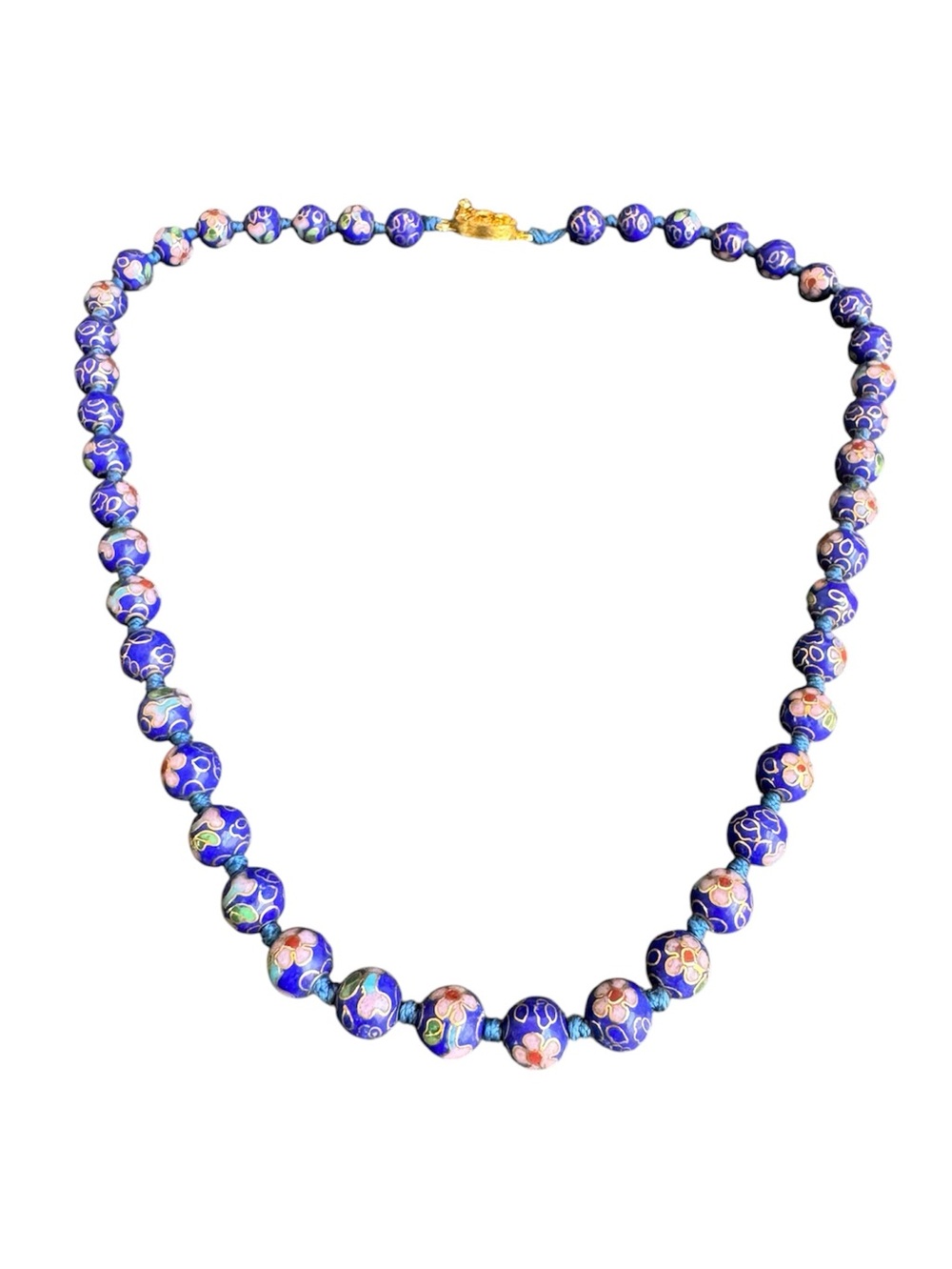 Vintage Cloisonné Necklace Cobalt Blue Beaded Chinese Export 10K Gold Plated 19"